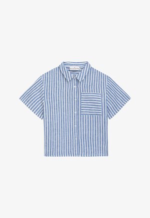 Kurzärmeliges Hemd in Blau- und Weißstreifen, mit einem Button-Down-Kragen, einer Brusttasche mit horizontalen Streifen und einem lässigen Schnitt.