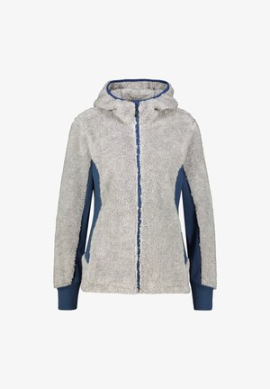 Chaqueta con cremallera y capucha de color gris claro, esponjosa, con paneles laterales y mangas interiores de color azul oscuro, bolsillos delanteros y puños ajustados.
