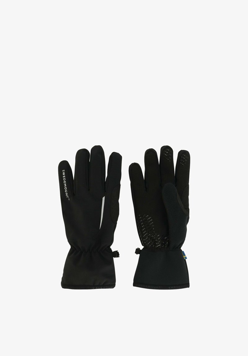 Gants noirs avec un extérieur lisse, des poignets élastiques et des zones de paume texturées. Les caractéristiques incluent un logo blanc et des accents réfléchissants pour une meilleure visibilité.