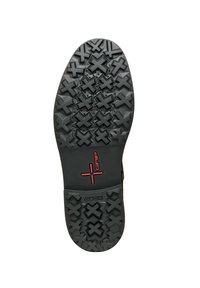 Suela de zapato de goma negra con una superficie texturizada y antideslizante con patrones en cruz y un acento central rojo etiquetado como "GRIP" y el nombre de la marca "GEOX."