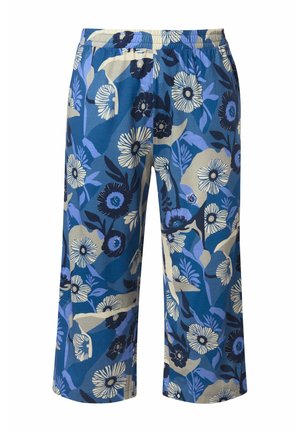 Blå vidde bukser med elastisk talje, med stort blomstermønster i nuancer af blå, marineblå og beige.