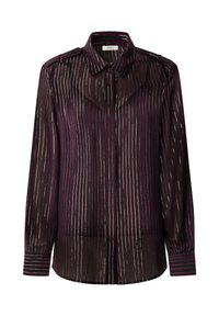 Zwarte transparante blouse met verticale strepen in paars, zilver en wit. Blouse met knopen en kraag, lange mouwen en aangesloten manchetten met accenten.