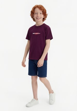 Naeratav punapäine poiss, kes kannab burgundiapunasest Quiksilveri T-särki, siniseid teksapükse ja valgeid tossusid, seisab ühevärvilise valge tausta ees.