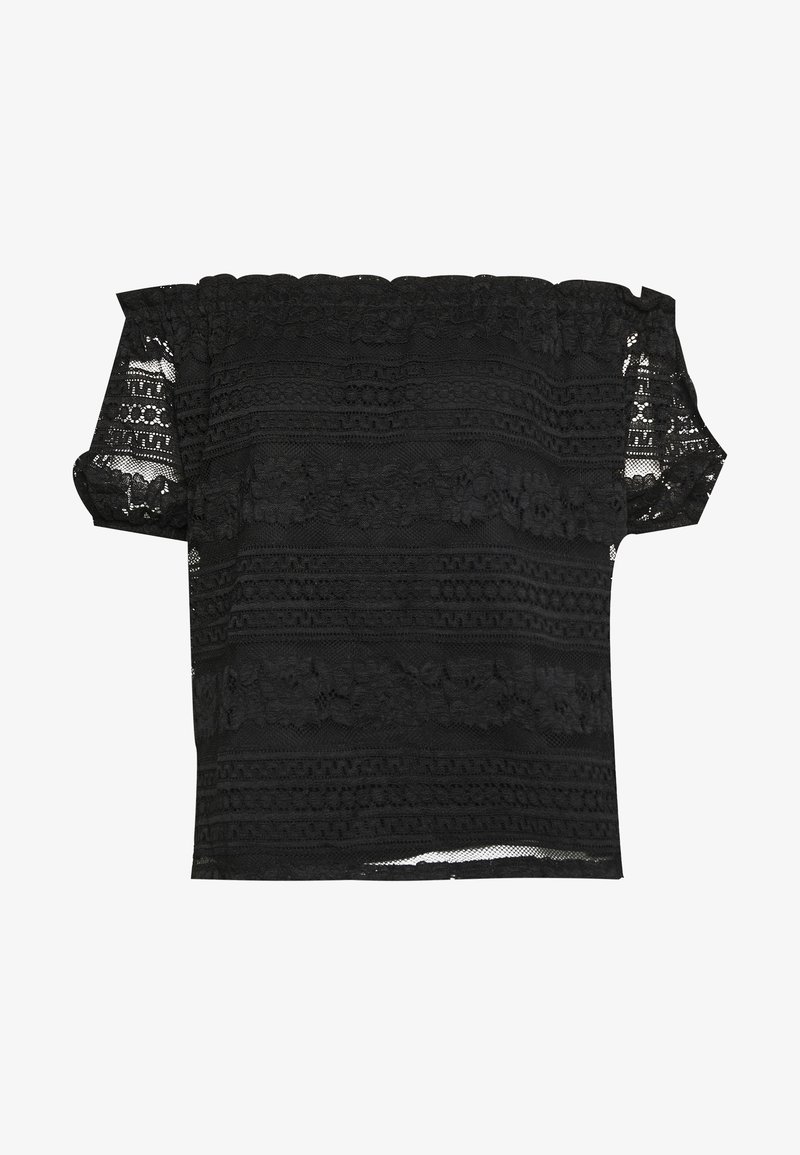 Blouse noire en dentelle épaules dénudées avec motifs floraux et géométriques, manches courtes mettant en valeur des détails en tissu transparent.