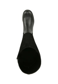 Stivale alto in pelle e suede nera con punta arrotondata, superficie testurizzata e dettaglio della cerniera laterale. L'interno ha un rivestimento liscio.