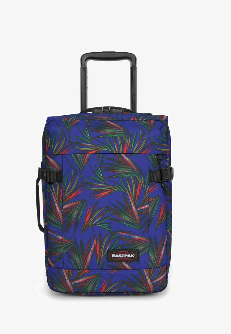 Reisbagage op wielen van blauw stof met een tropisch bladerenpatroon in groen en rood. Inclusief een uitschuifbare handgreep en zijgesp.