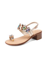 Sandal oro con tacco a blocco, dotata di un abbellimento in gemme chiare e colorate sulla cinghia e un design con anello per le dita. Sottopiede liscio e testurizzato.