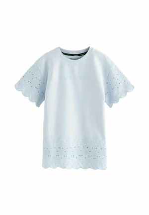 Ljusblå kortärmad T-shirt med scallop- och broderade spetsdetaljer på ärmarna och kanten, präglad "ALLSAINTS"-logotyp på framsidan.