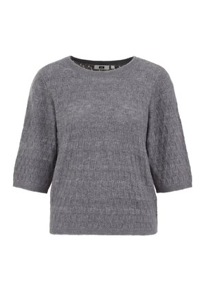 Hall hallitatud kampsun tekstuurse teemantmustriga, ümmarguse dekolteega ja lühikeste varrukatega. Pehme kangas tagab mõnusa tunde.