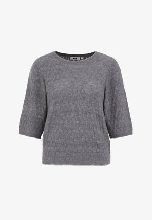 Hall hallitatud kampsun tekstuurse teemantmustriga, ümmarguse dekolteega ja lühikeste varrukatega. Pehme kangas tagab mõnusa tunde.