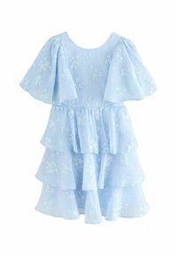 Abito azzurro chiaro con ricami floreali, caratterizzato da maniche a soffietto e una progettazione a strati con ruches. Realizzato in un tessuto leggero e testurizzato.