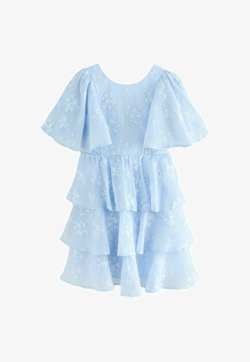 Svijetloplava haljina s cvjetnim vezom, s lepršavim rukavima i dizajnom višeslojnih ruffles. Izrađena od lagane, teksturirane tkanine.