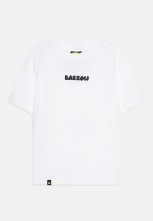 T-shirt en coton blanc à manches courtes, avec un logo noir "BARROW" en police arrondie à l'avant et une petite étiquette noire en bas.