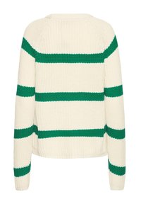 Pull crème à rayures horizontales vertes, texture tricotée, encolure ronde et manches raglan. Coupe décontractée et raccourcie.