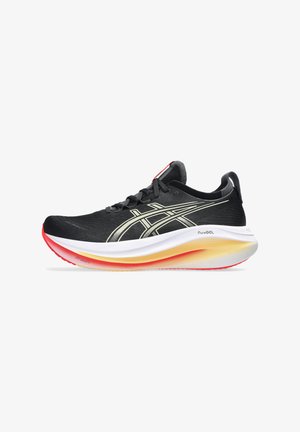 Black running shoe with a lightweight mesh upper, silver accents, thick white midsole with orange and red gradient, and textured sole.