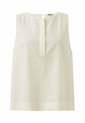 Lichtcrème mouwloos topje met een gestructureerde afwerking, voorzien van een middenvoor knoopsluiting en achterafsluiting. Casual, relaxte pasvorm.