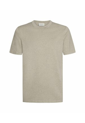 Hellbeiges T-Shirt mit kurzen Ärmeln aus weichem Stoff. Es verfügt über einen Rundhalsausschnitt und eine glatte Textur ohne Muster oder Verzierungen.