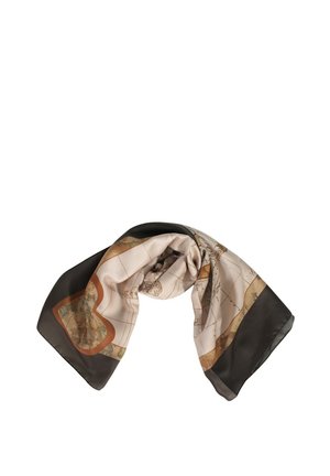 Foulard in seta con stampa di una mappa del mondo vintage dai toni beige e marroni, incorniciato da un bordo scuro. Texture liscia e design fluido.