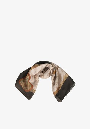 Foulard in seta con stampa di una mappa del mondo vintage dai toni beige e marroni, incorniciato da un bordo scuro. Texture liscia e design fluido.