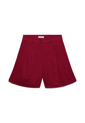Red high-waist shorts with belt loops, front pleats, and a concealed front closure, made of lightweight fabric.
