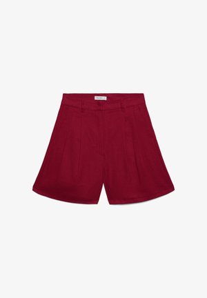 Red high-waist shorts with belt loops, front pleats, and a concealed front closure, made of lightweight fabric.
