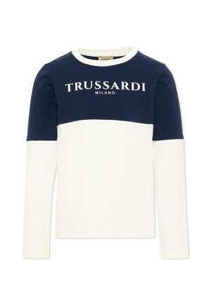Chemise à manches longues avec partie supérieure bleu marine et partie inférieure blanche, avec "TRUSSARDI MILANO" imprimé en blanc sur la poitrine.