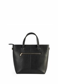 Czarna skórzana torba na ramię o chropowatej fakturze, z dwoma mocnymi uchwytami, przednią kieszenią na zamek oraz złotymi dodatkami.