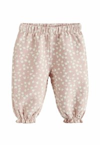 Rosa Baumwollhose mit weißem Blumenmuster, elastischem Bund und gerafften Knöchelbündchen. Leichter, atmungsaktiver Stoff mit weicher Textur.