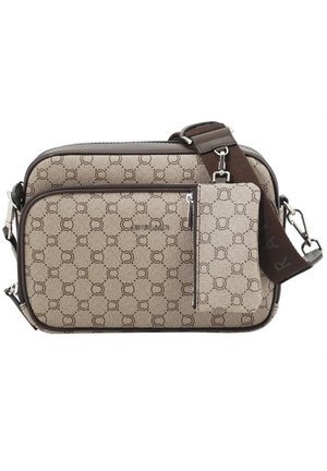 Sac bandoulière en toile beige avec accents en cuir marron, doté d'une poche avant zippée et d'un motif de cercles. Bretelle réglable incluse.