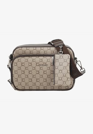 Sac bandoulière en toile beige avec accents en cuir marron, doté d'une poche avant zippée et d'un motif de cercles. Bretelle réglable incluse.