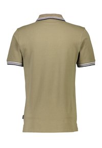 Khaki poloshirt met een ribbelkraag en mouwmanchetten, met marineblauwe en witte strepen. Gladde stof met een klassieke pasvorm en zonder zichtbare logo's.