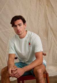 Licht mintgroene katoenen T-shirt met korte mouwen, voorzien van een rood en turquoise grafisch dessin op de borst. Het model draagt een patroon van blauwe shorts.