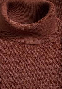 Pull à col roulé marron en maille avec une texture côtelée et un col montant, présentant une couleur riche et chaude sur l'ensemble.