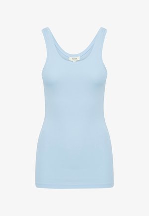 Camiseta sin mangas azul claro con escote redondo y tirantes anchos. El diseño es ajustado, hecho de una tela suave y elástica. Sin patrones visibles.