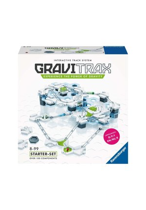 GraviTrax Starter-Set Box mit einem weißen, sechseckigen Design und grünen sowie blauen Schienenkomponenten, die ein interaktives Murmelbahnsystem betonen.