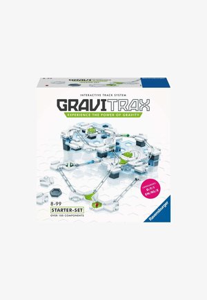 GraviTrax starter set box featuring a white, hexagonal design with green and blue track components, emphasizing an interactive marble run system.