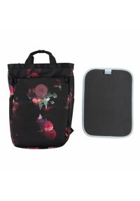 Zaino nero con un motivo floreale in tonalità di rosso, viola e blu. Presenta due manici superiori e un cuscinetto di supporto grigio removibile.
