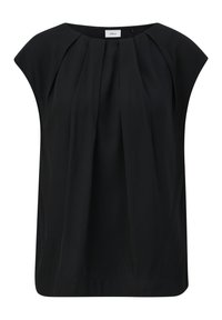 Blouse noire sans manches avec col rond et plis sur le devant, tissu léger, adaptée pour un usage décontracté ou formel.