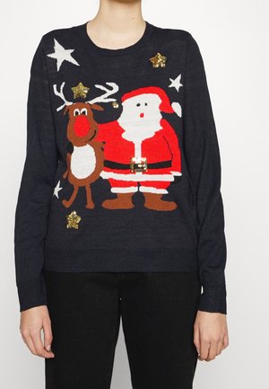 Mørkeblå sweater med et juledesign med julemanden og et rensdyr, udsmykket med gyldne pailletter i stjernetema.