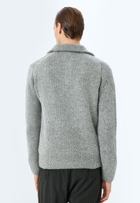 Grauer Rippstrickpullover mit Schalkragen, taillierter Silhouette und strukturierter Stoffqualität. Die Rückseite zeigt ein klares Design mit minimalen Details.