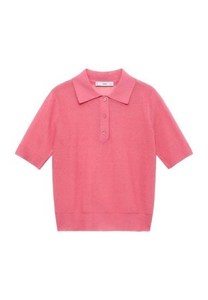 Light pink knitted short-sleeve polo shirt with a collared neck and three-button placket. Smooth texture with a ribbed hem and cuffs.