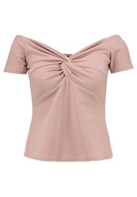 Krátký rukáv, top bez ramínek v jemně růžové barvě, s designem zkrouceného předního dílu. Měkká, elastická tkanina s přiléhavým střihem.