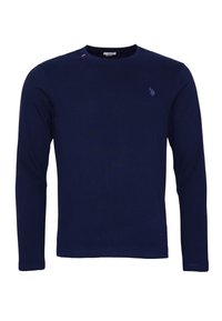 Maglietta a maniche lunghe navy in misto cotone con scollatura tonda, caratterizzata da un piccolo logo ricamato sul petto e un'etichetta di accento rossa.