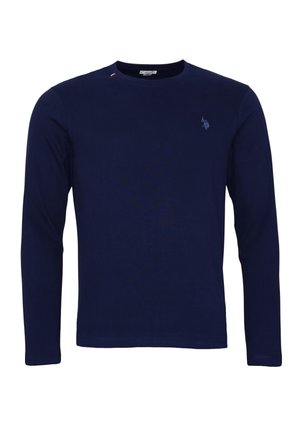 Marineblaues Langarmshirt aus Baumwollmischung mit einem Rundhalsausschnitt, das ein kleines gesticktes Logo auf der Brust und ein rotes Akzentetikett aufweist.