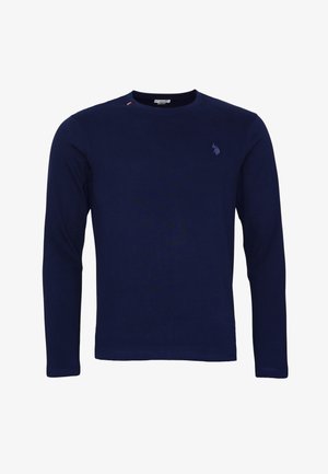 Tengerészeti hosszú ujjú póló pamut keverékből, kerek nyakkivágással, kis hímzett logóval a mellkasán és piros díszcímkével.