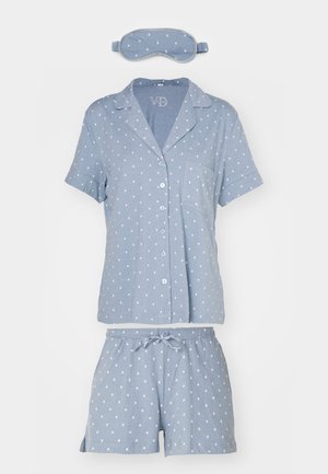 Heledad sinine pidžaama komplekt valgete täppidega, lühikeste varrukatega nööpidega ülemine osa, sobivad lühikesed püksid elastse vöökohtaga ja sobiv uneprillid.