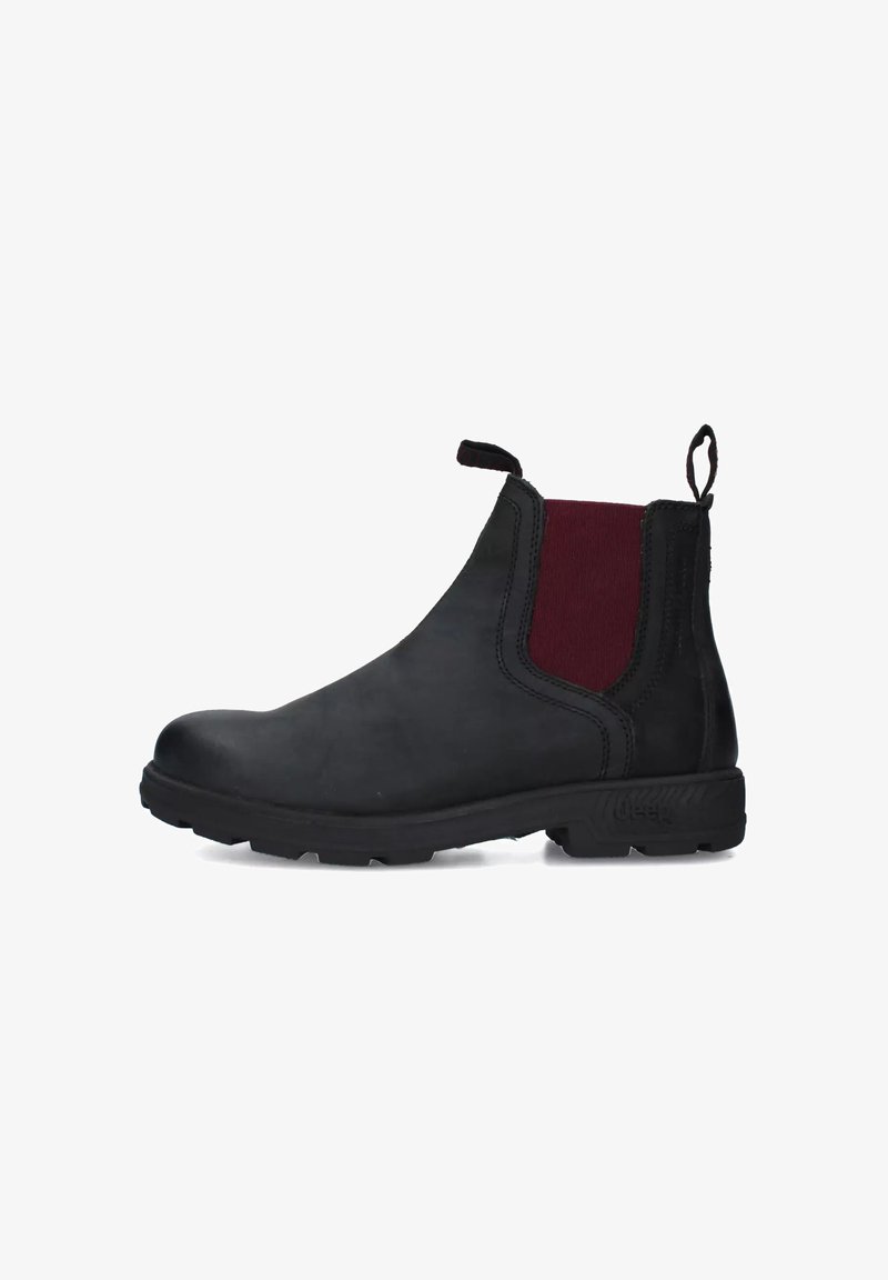 Stivale Chelsea in pelle nera con pannelli elastici bordeaux sui lati e linguette sul tallone e sulla caviglia, suola robusta per uso all'aperto.
