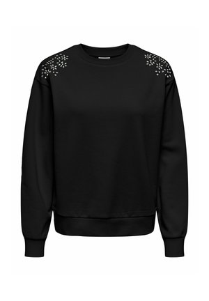 Sudadera negra con cuello redondo, mangas largas y ajuste relajado. Presenta acentos decorativos de tachuelas en el hombro. Textura suave.