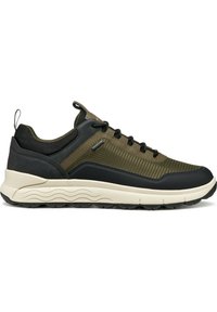 Men's sneaker in olive green and black, featuring a textured fabric upper, lace closure, rubber sole with wave pattern, and pull tab.