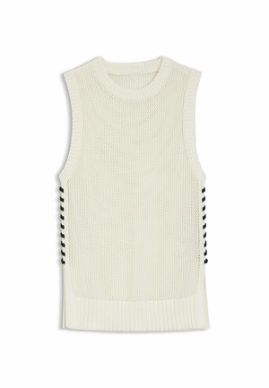 Valkoinen hihaton neulottu liivi, jossa mustat nyöritykset sivuilla sekä resorit helmassa ja pääntiessä.